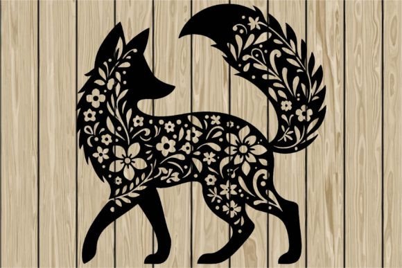Floral Fox Stencil Silhouette SVG