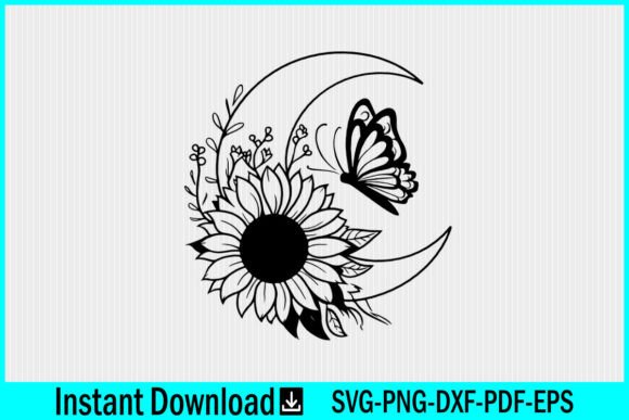 Floral Moon Sunflower with Butterfly SVG
