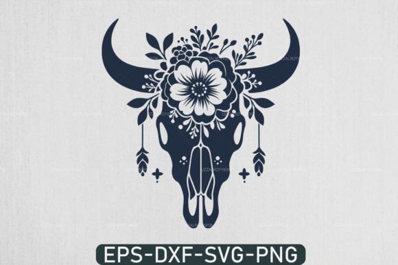 Floral Western Cow Skull Flowers Svg